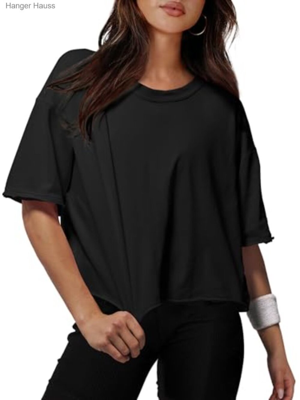 Oversized Cotton Blend Crop Top Drop Shoulder Workout Tee